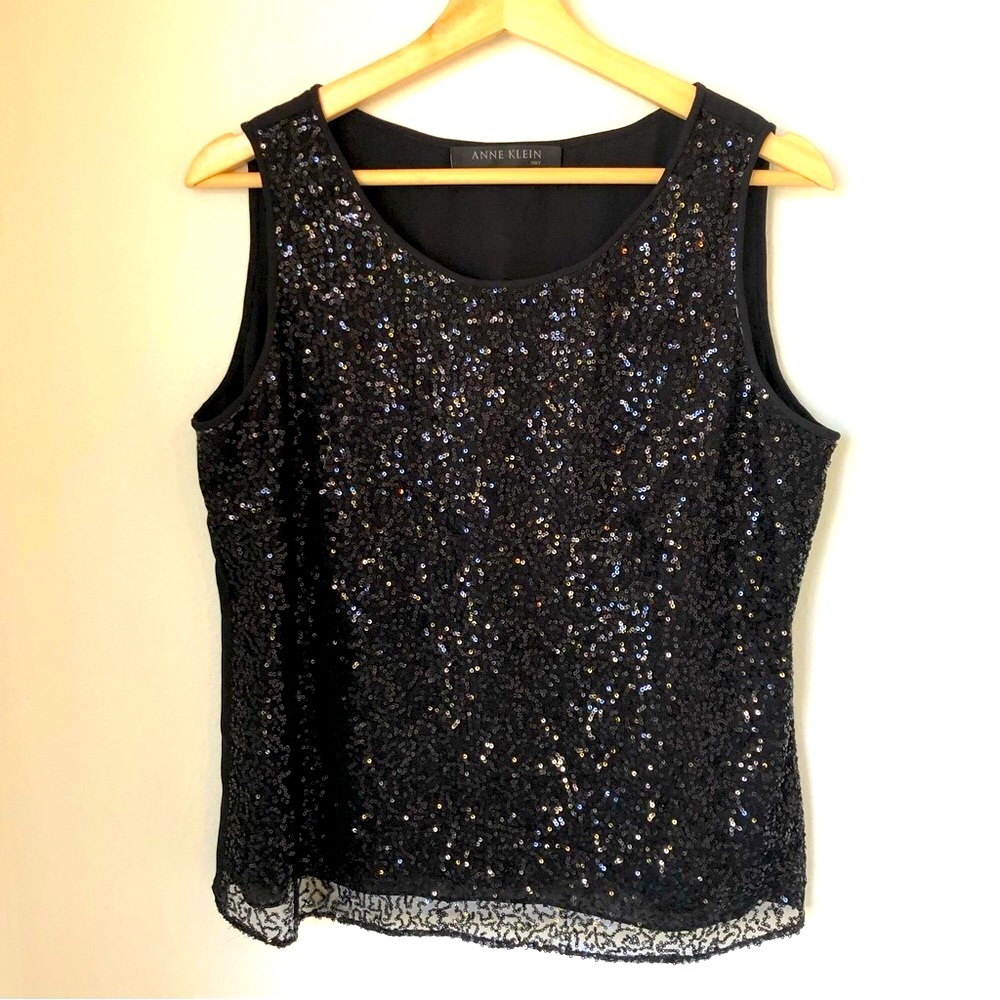 Anne Klein Sleeveless Black Sequins Tank Top Blouse Women’s 10P, Lined, Pullover